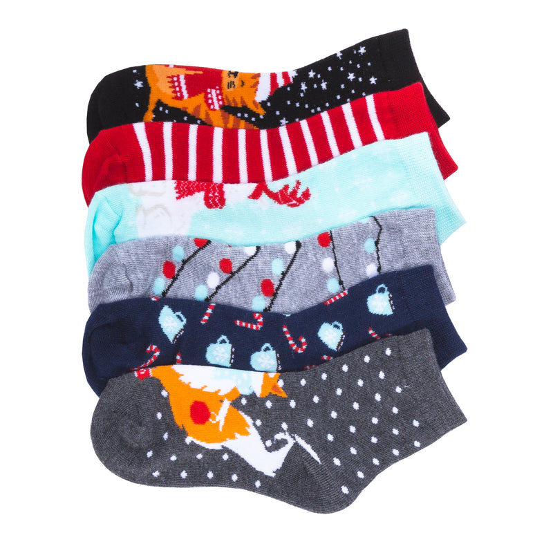 6-pack quarter socks with red, striped and animal prints in black, gray, and blue