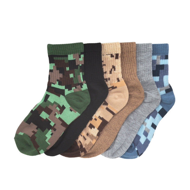 6-pack quarter socks with green, khaki, and blue digital camo and one black pair