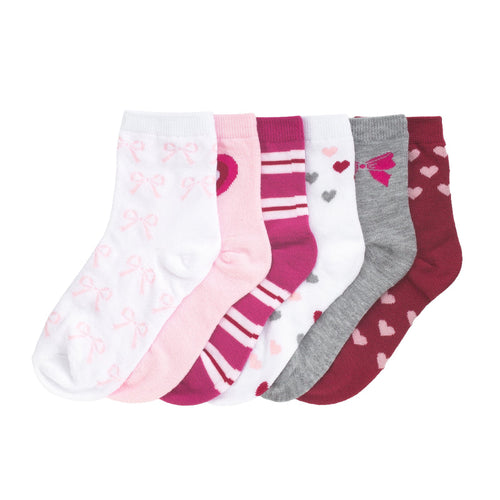 6-pack small quarter socks with hearts, bows, stripes in pink, white, red, and gray