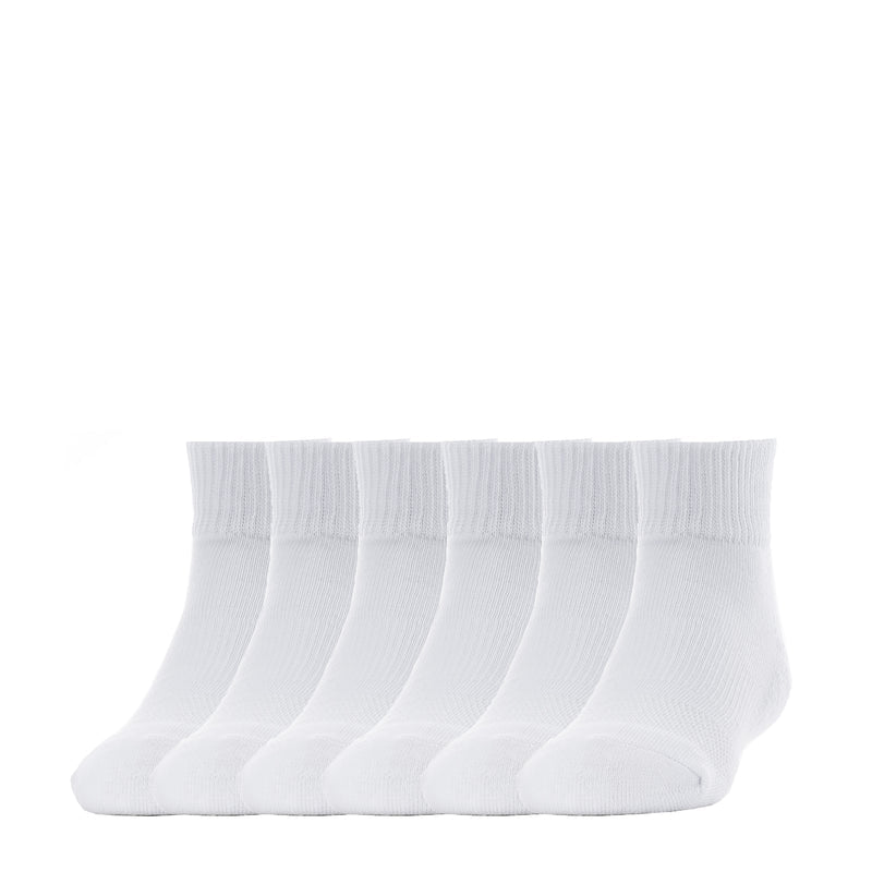 6-pack white quarter socks with ribbed cuffs and cushioned foot