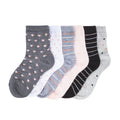 6-pack quarter socks: grey with hearts, light pink dots, striped & black striped pairs