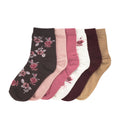 6-pack floral quarter socks: black, pink, cream, brown, beige with rose prints