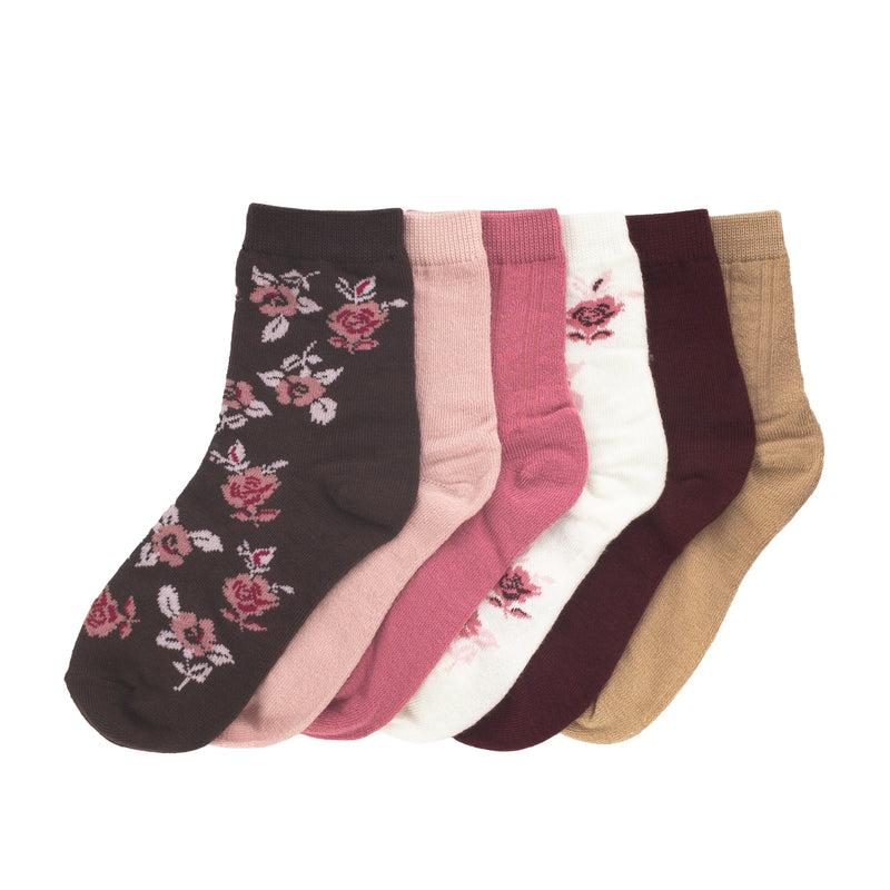 6-pack floral quarter socks: black, pink, cream, brown, beige with rose prints