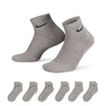 6-pack unisex quarter cushion socks, carbon heather gray, Nike swoosh on cuffs.