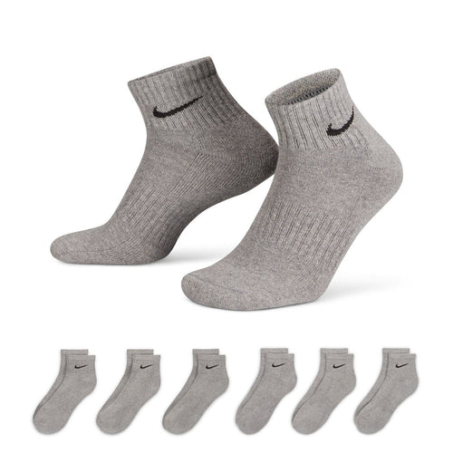 6-pack unisex quarter cushion socks, carbon heather gray, Nike swoosh on cuffs.