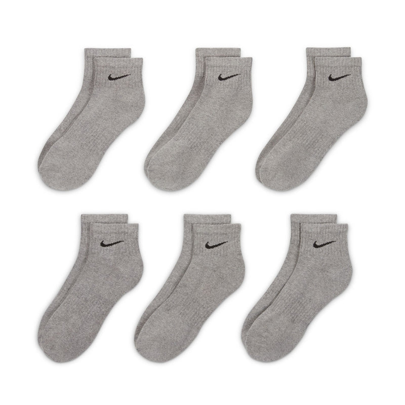 Set of six unisex quarter cushion socks in carbon heather gray with Nike swoosh.