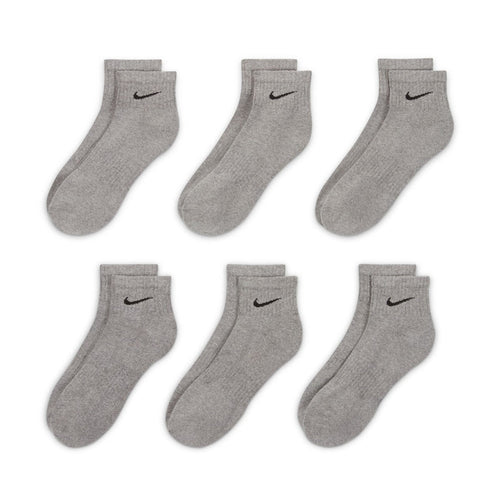 Set of six unisex quarter cushion socks in carbon heather gray with Nike swoosh.