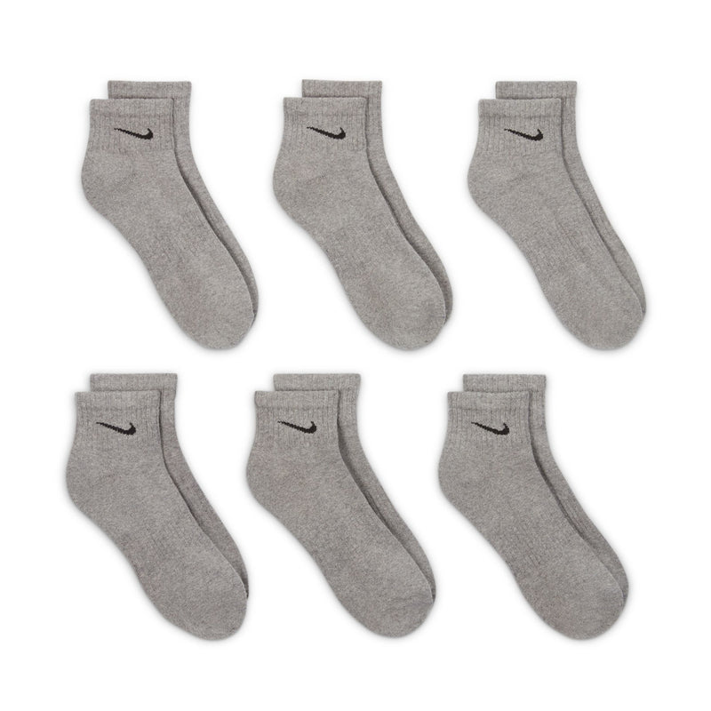 Six unisex quarter cushion socks, carbon heather gray, Nike swoosh logo.
