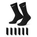 Black crew socks with white Nike swoosh, cushioned, 6-pack set of pairs