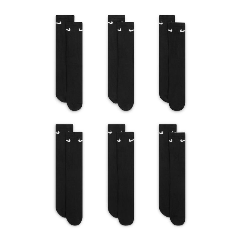 6-pack black crew socks with white Nike logo on cuff, cushioned