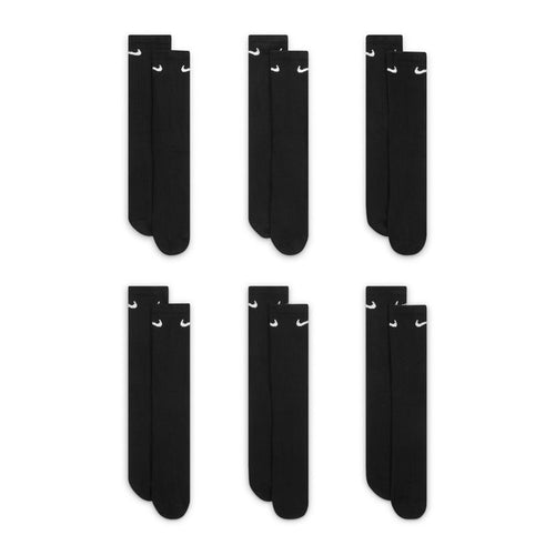 6-pack black crew socks with white Nike logo on cuff, cushioned