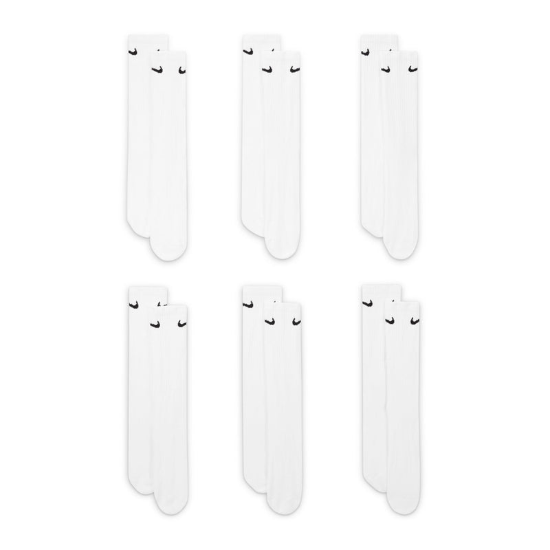 6-pack crew socks, white with black Nike Swoosh, folded set (6 pairs)