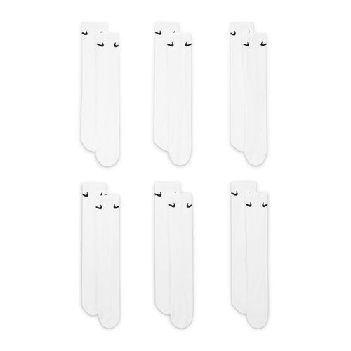 6-pack crew socks, white with black Nike Swoosh, folded set (6 pairs)