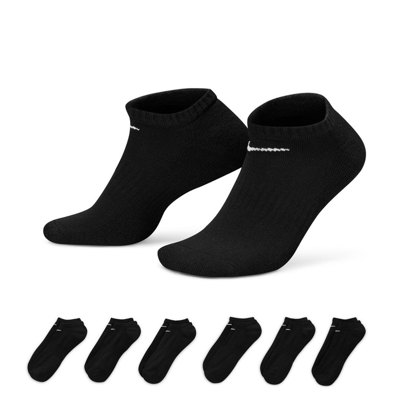 Black cushioned no-show socks, unisex 6-pack, shown as 2 pairs