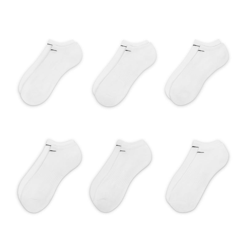 White no-show socks set of 6, each with black Nike logo on the cuff