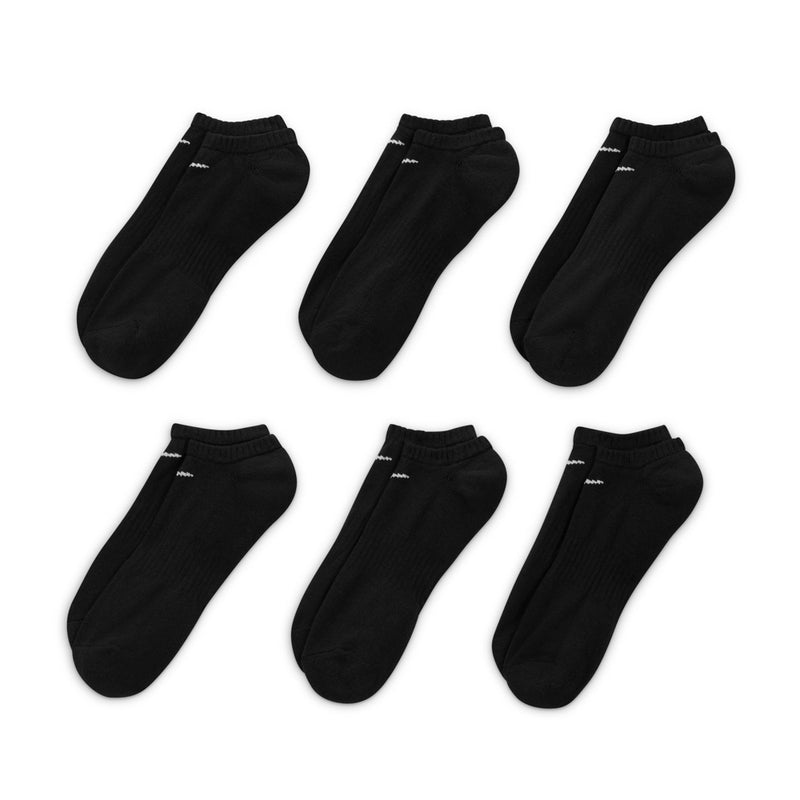 Unisex black no-show cushioned socks 6-pack, 6 pairs laid out