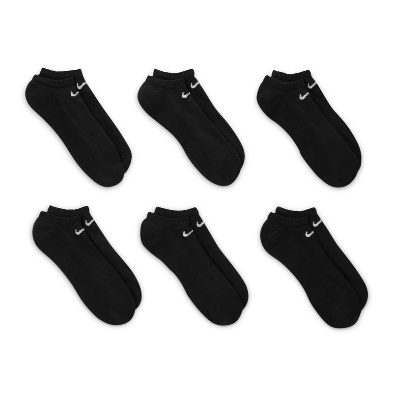 Black no-show cushioned socks 6-pack with white swoosh on cuff