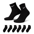 6-pack unisex black quarter socks with white Nike swoosh, cushioned knit