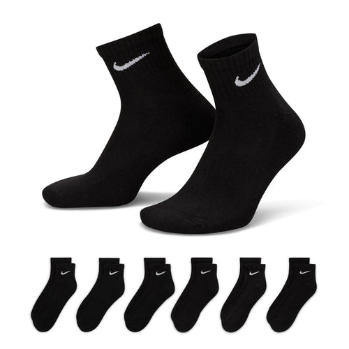 6-pack unisex black quarter socks with white Nike swoosh, cushioned knit