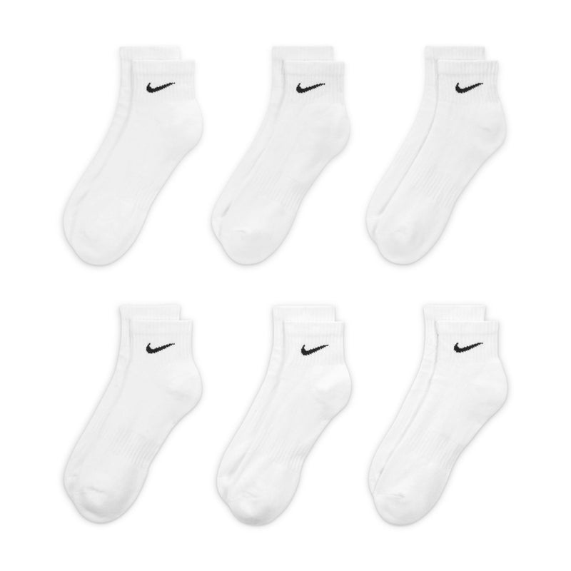 White cushioned quarter crew socks with black Nike swoosh, six-pack set
