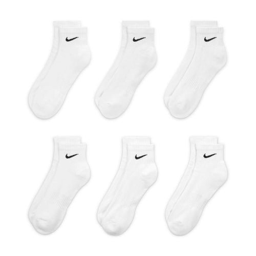 White cushioned quarter crew socks with black Nike swoosh, six-pack set