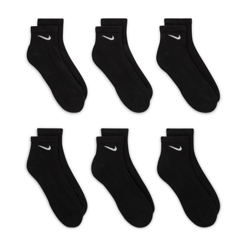 6-pack black quarter socks with white Nike swoosh embroidery