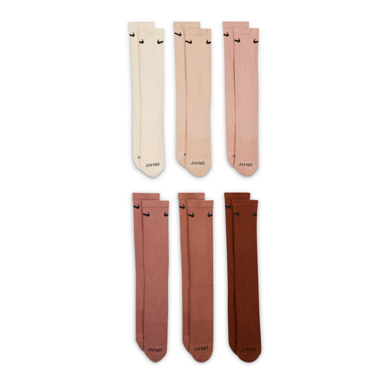 6-pack crew socks in neutral and rose tones, black Nike swoosh