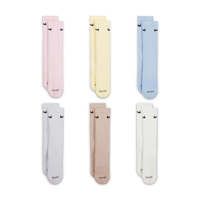 Six-pack crew socks in mixed pastel colors, each with a black Nike swoosh logo.