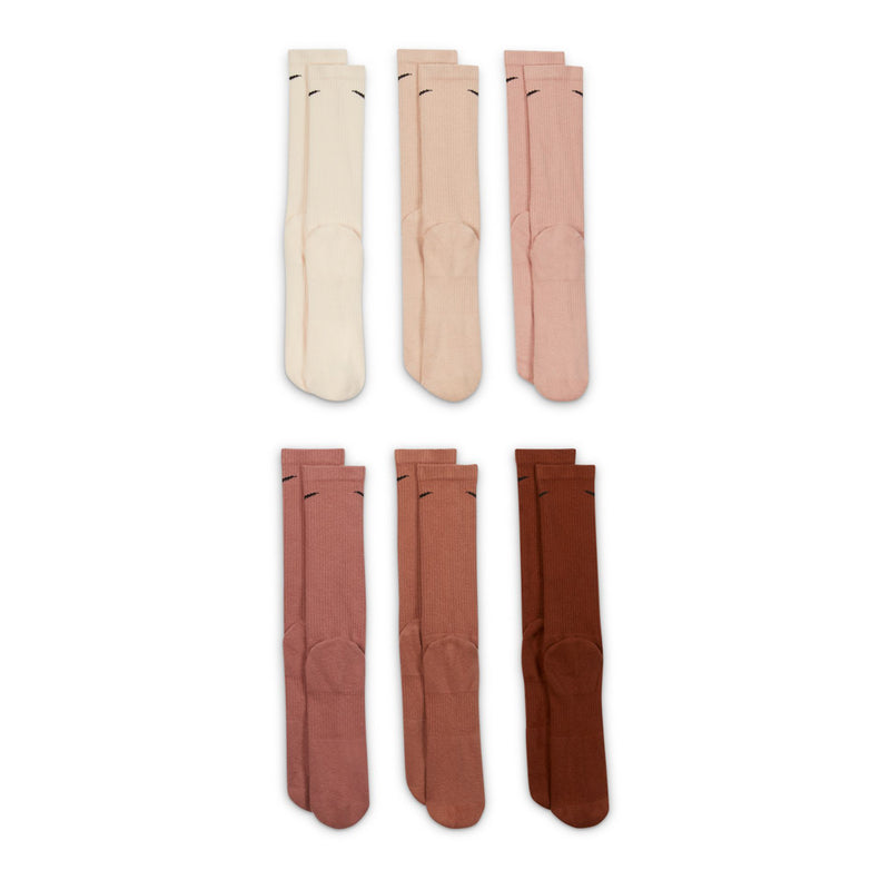 6-pack crew socks in terracotta and brown tones, black Nike swoosh