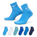 Light blue unisex quarter socks with white Nike swoosh and cushioned sole
