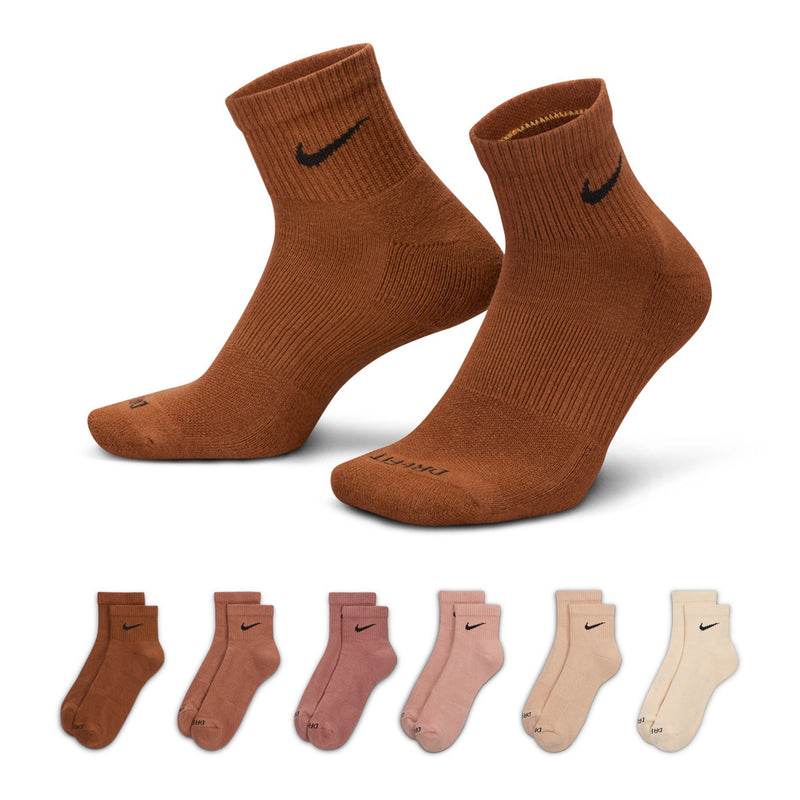 Cushioned quarter socks, brown with black Nike swoosh, 6-pack color lineup