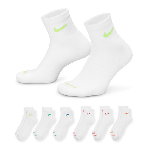 White quarter socks, cushioned, with lime green swoosh logo on ankle
