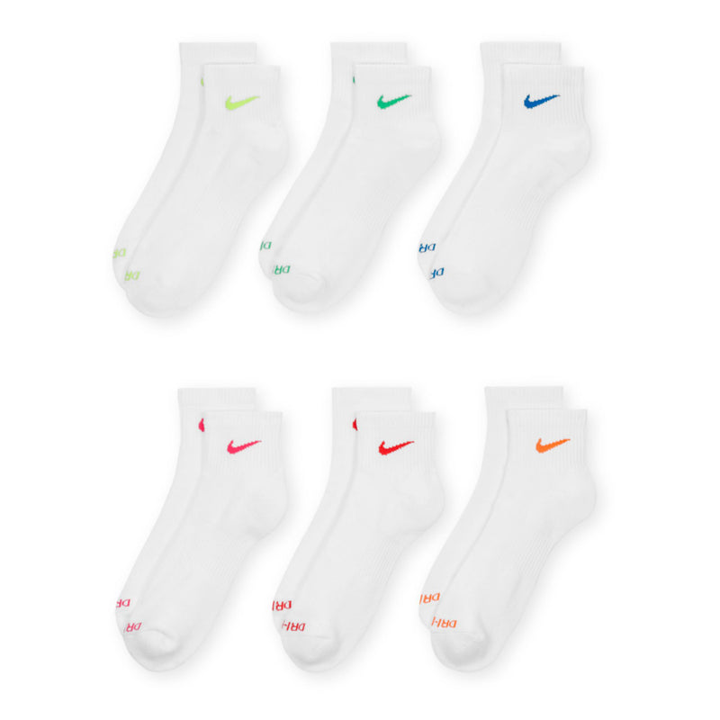 Six-pack white quarter socks with assorted colored swoosh logos and cushioned toe