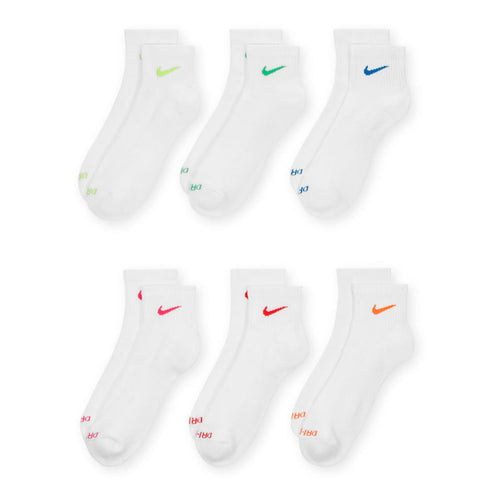 Six-pack white quarter socks with assorted colored swoosh logos and cushioned toe