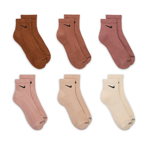 6-pack cushioned quarter socks set, assorted brown, rose, and cream colors with Nike swoosh