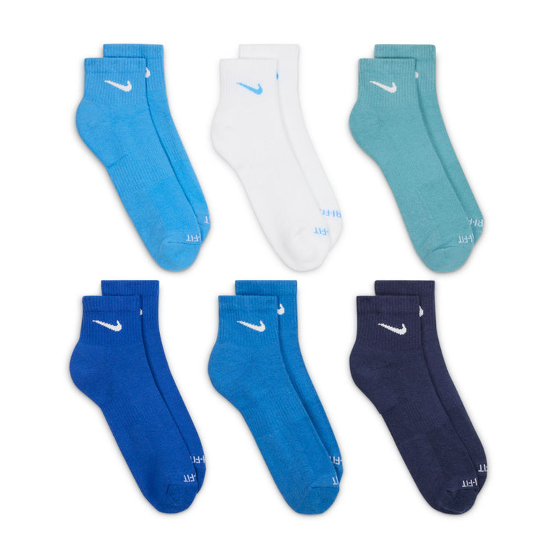 Six-pack unisex quarter socks: light blue, white, teal, royal, and navy with Nike logo
