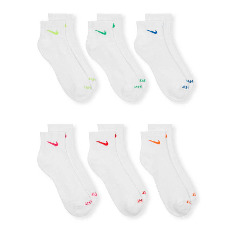 Six-pack white quarter socks with green, blue, red, and orange swoosh logos