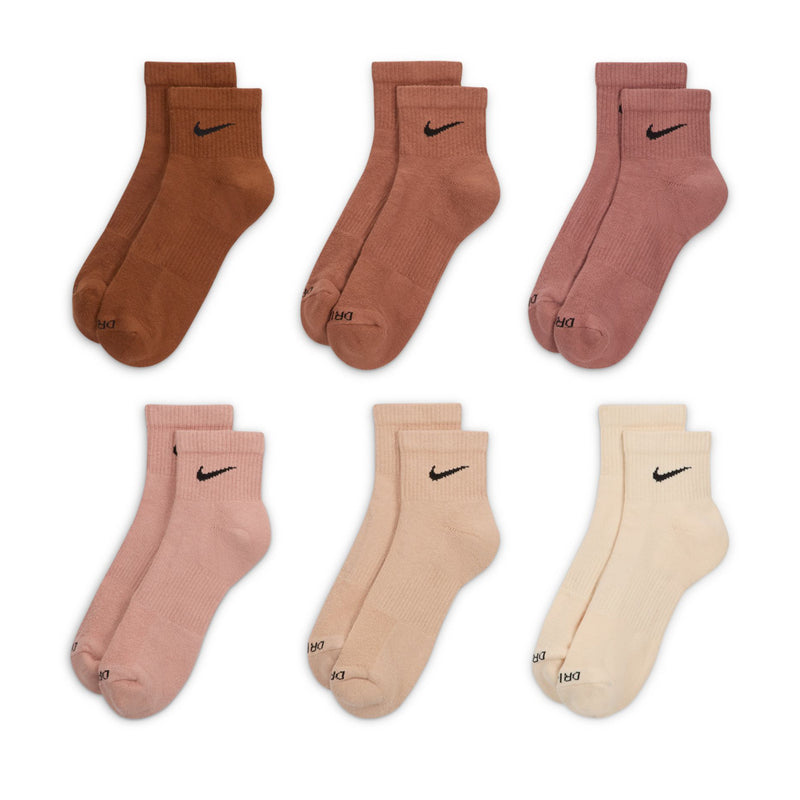 6-pack cushioned quarter socks, terracotta to pink to cream shades, black Nike swoosh
