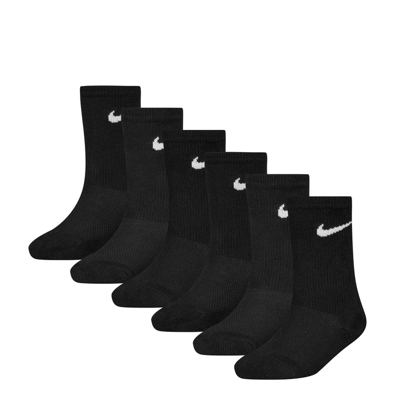Six-pack black crew socks with white Nike swooshes, side view