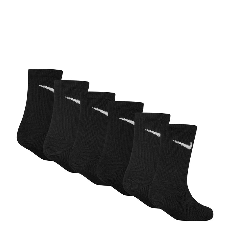Six-pack black crew socks with white Nike swooshes, lineup of pairs
