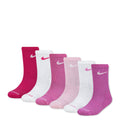 6-pack crew performance socks in pink, light pink, and white with embroidered logo
