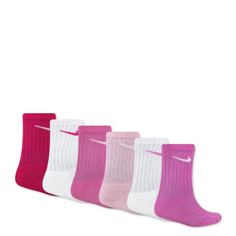 6-pack crew performance socks lineup: magenta, lilac, and white pairs, embroidered logo