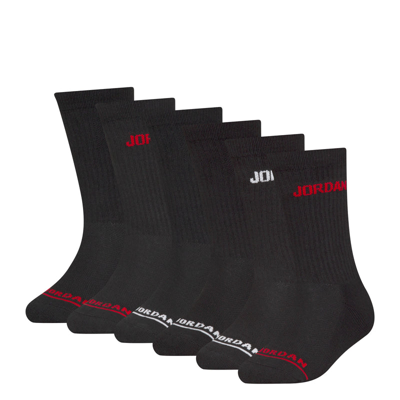Black crew socks, six-pack set with red logo accents