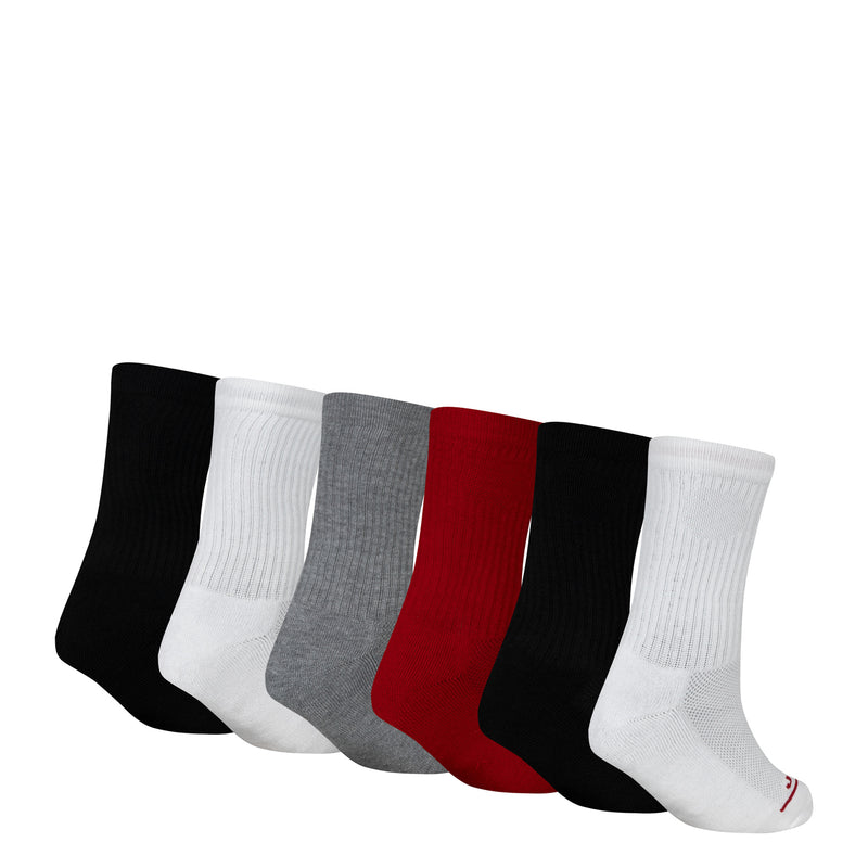 6-pack crew socks laid out, JORDAN logo, black white gray red mix