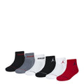 6-pack quarter socks in black, gray, white, and red with Jordan logo