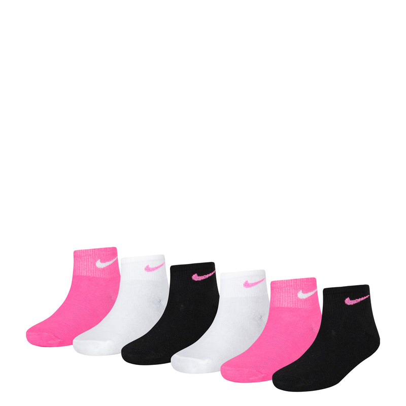 Six-pack quarter socks with pink, white, black and metallic swoosh logos