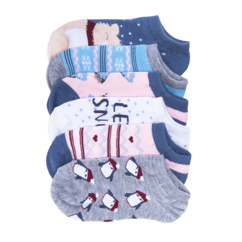 Set of six x-small no-show socks with snowflake and critter patterns in pastel tones