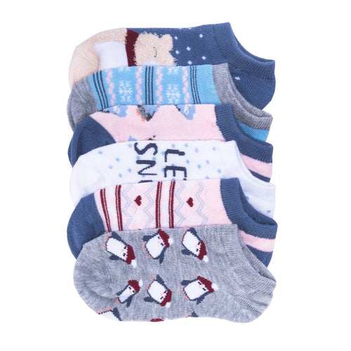 Set of six x-small no-show socks with snowflake and critter patterns in pastel tones
