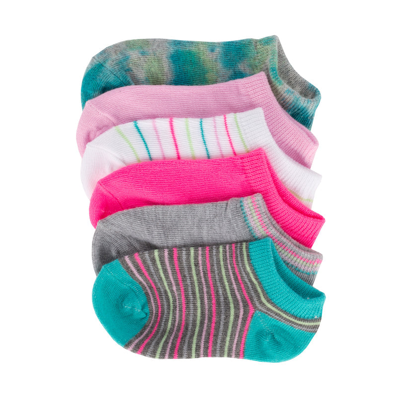 6-pack x-small no-show socks, turquoise pink gray striped tie-dye knit