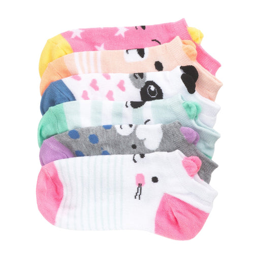 6-pack x-small no-show socks with multicolor critter prints and ear-tab cuffs